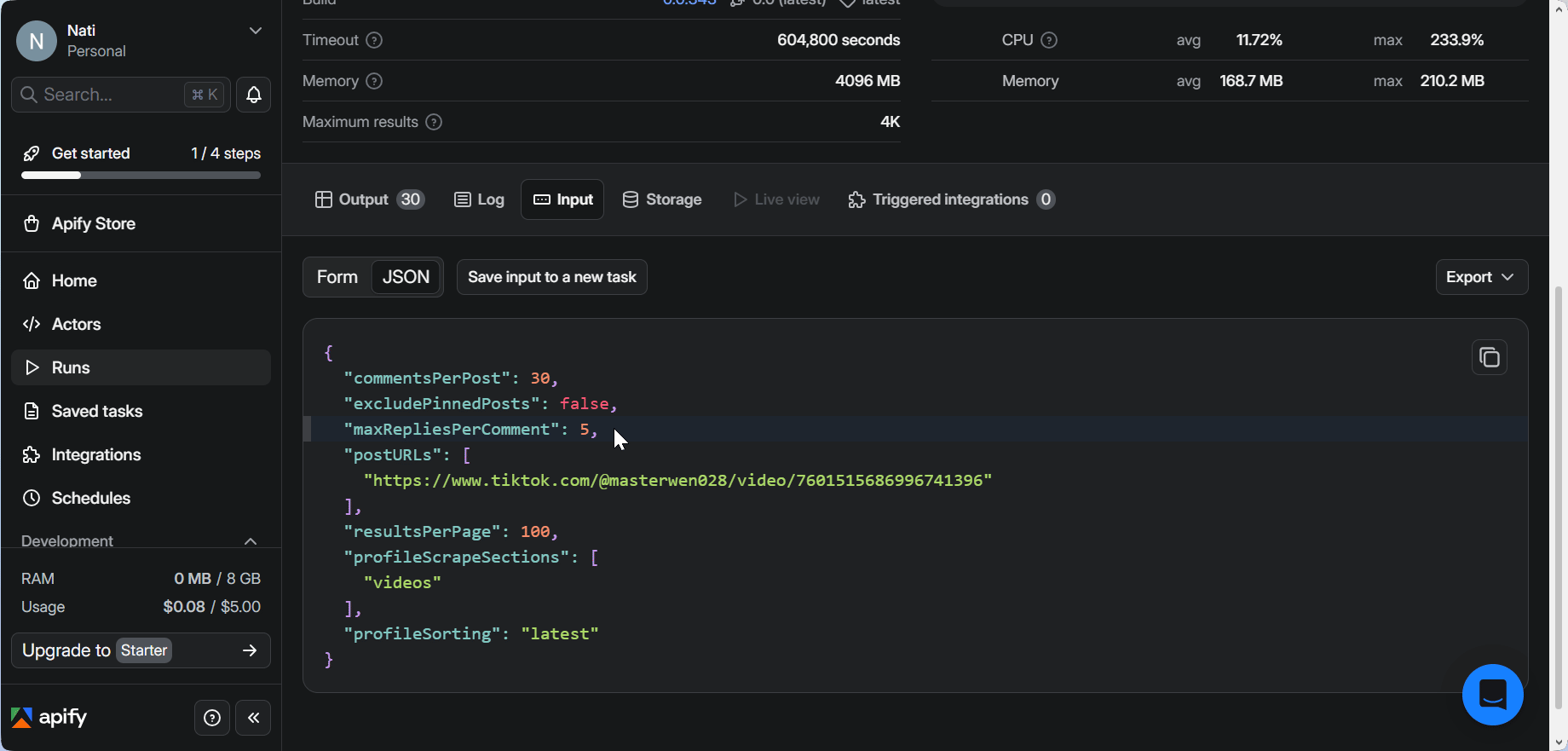Apify data output showing missing reply data despite setting being enabled