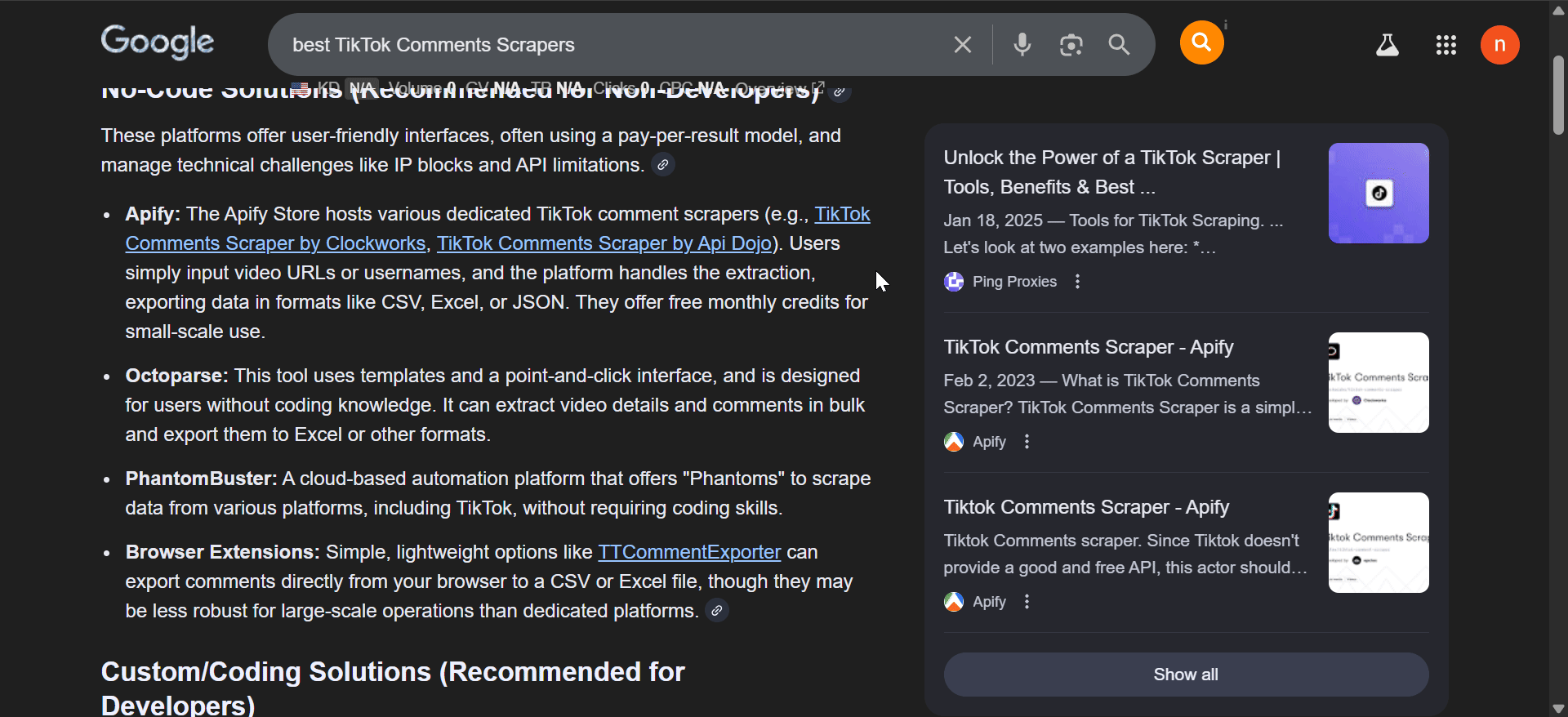 Searching for no-code TikTok comment scrapers on Google and AI