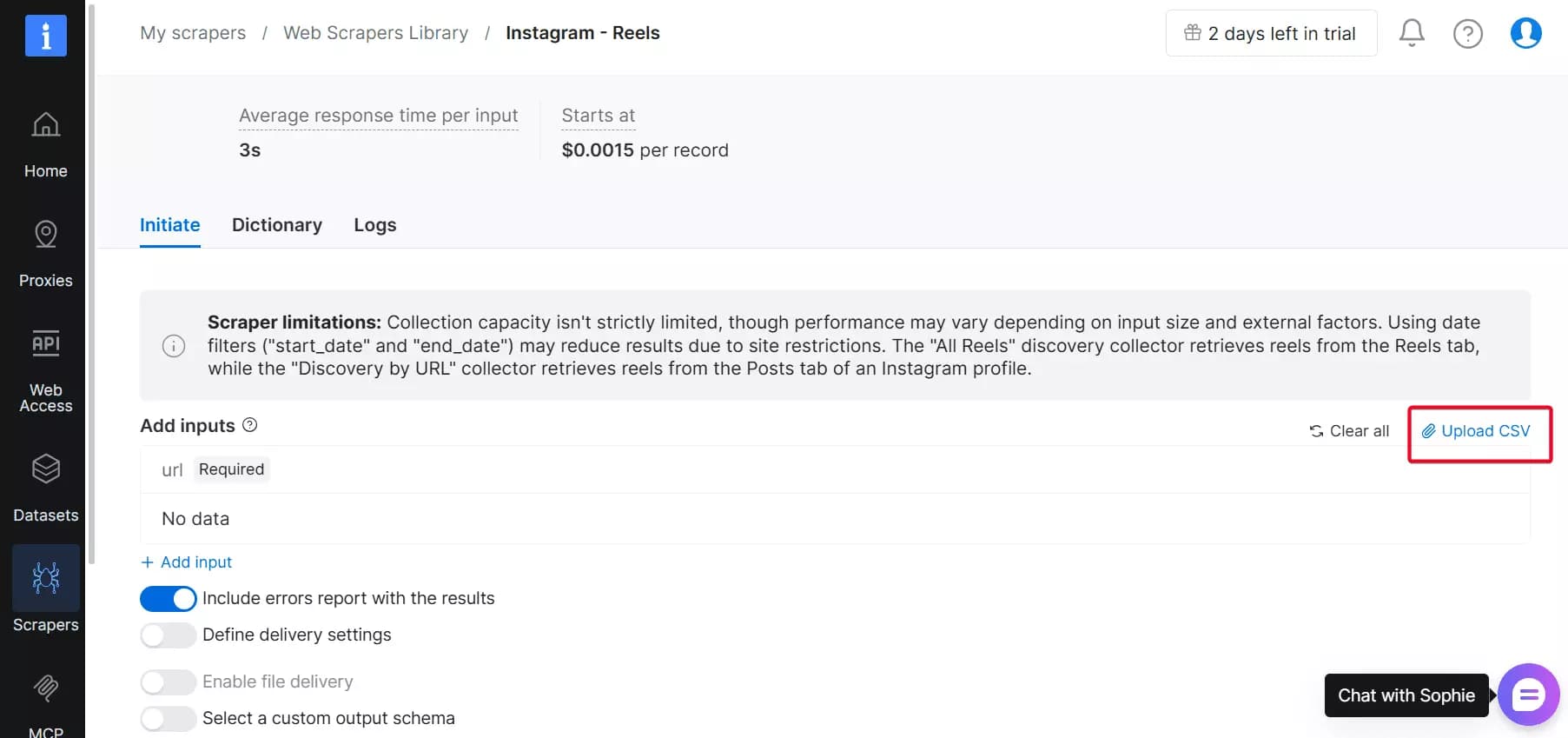 Bright Data CSV bulk upload interface