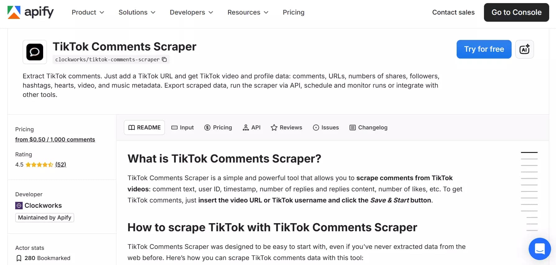 Apify TikTok comments scraper overview