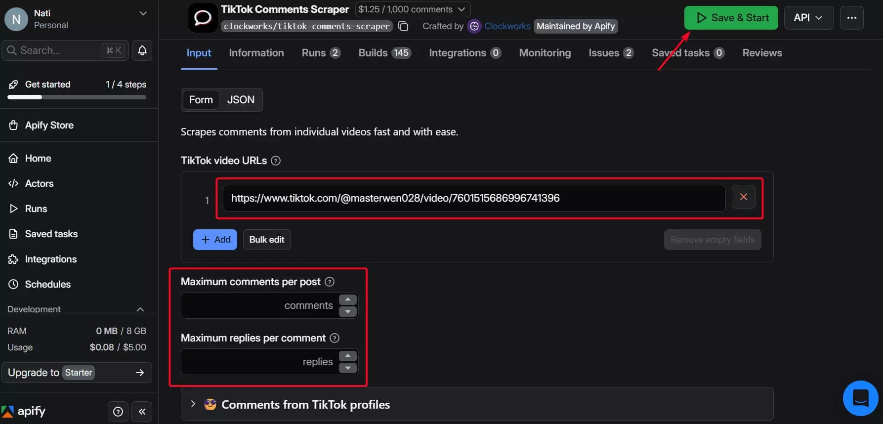 Apify dashboard for TikTok comment scraping