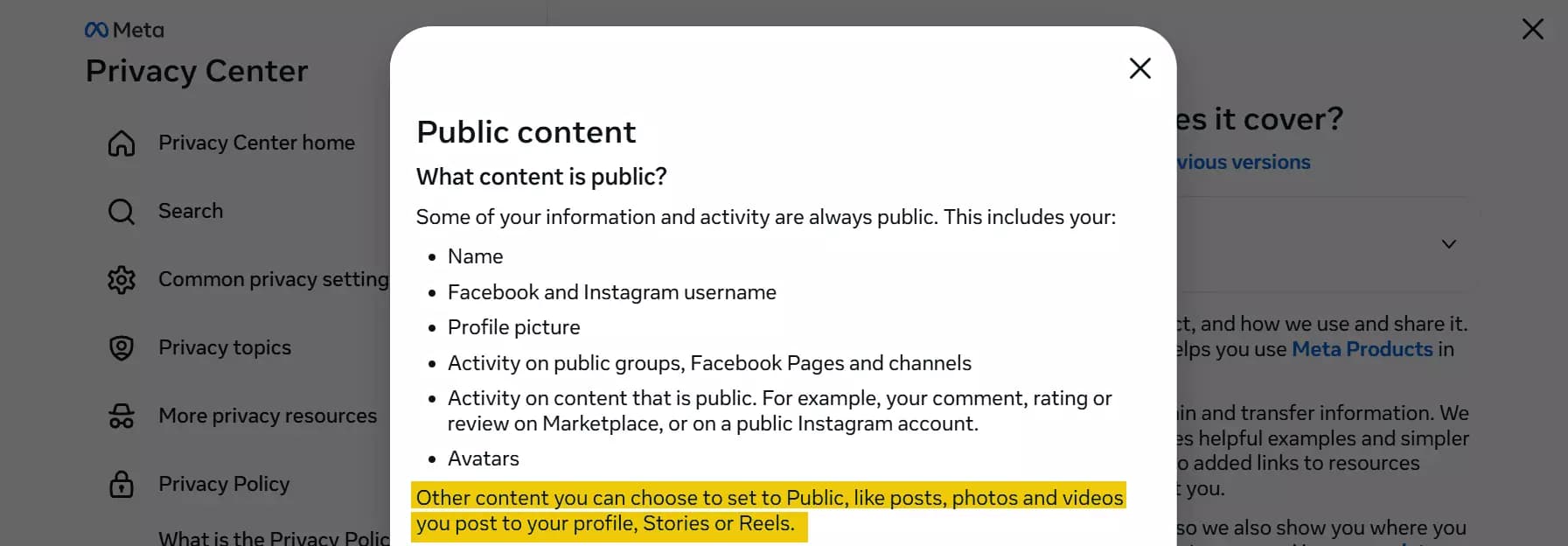 Meta Privacy Center definition of public content