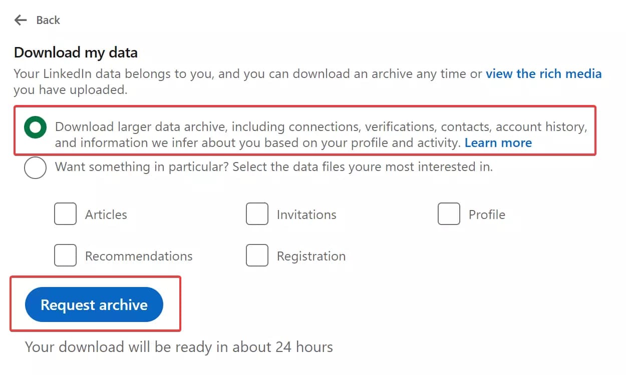 How to export your LinkedIn contacts from basic account? - Step 4: Download your connections data