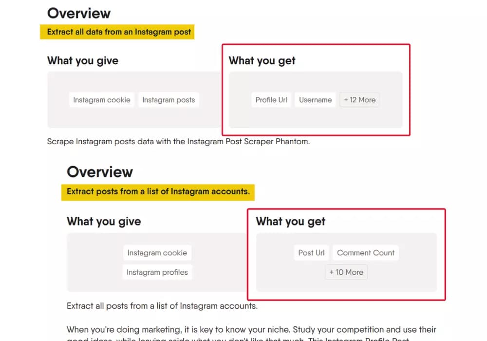 Phantombuster Instagram Post Scraper data points
