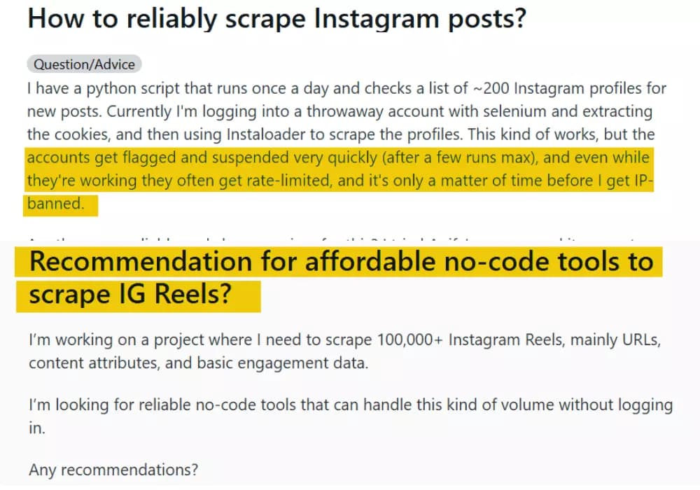 Community posts and user reviews about Instagram scraping pain points