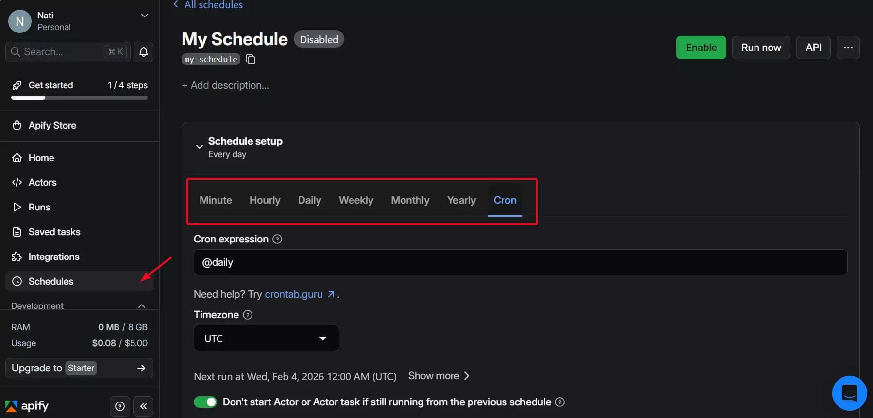 Apify scheduling tab location inside the dashboard