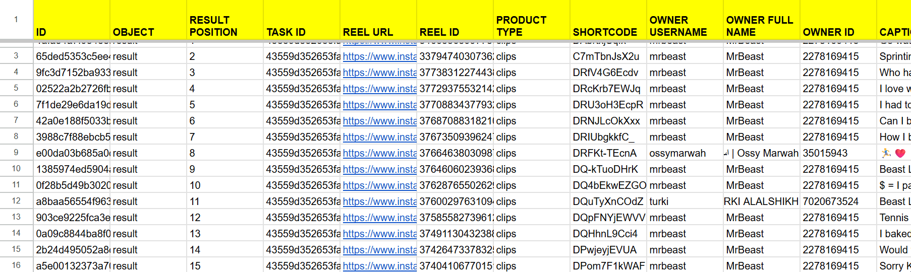 Example of data fields returned by an Instagram Reels scraper