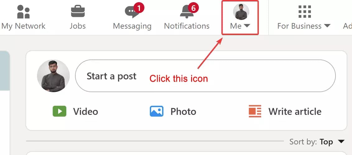 How to export your LinkedIn contacts from basic account? - Step 1: Click your Me icon at the top of LinkedIn
