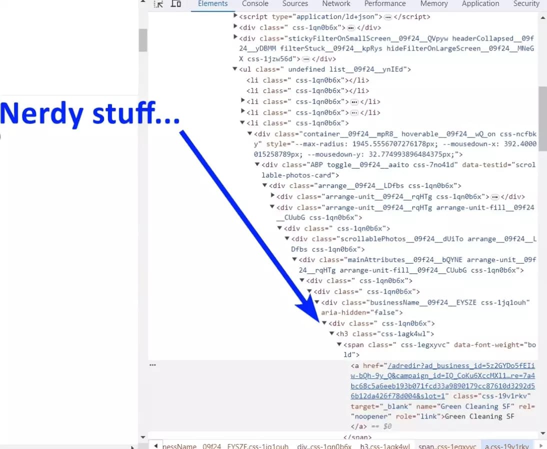 yelp's webpage structure