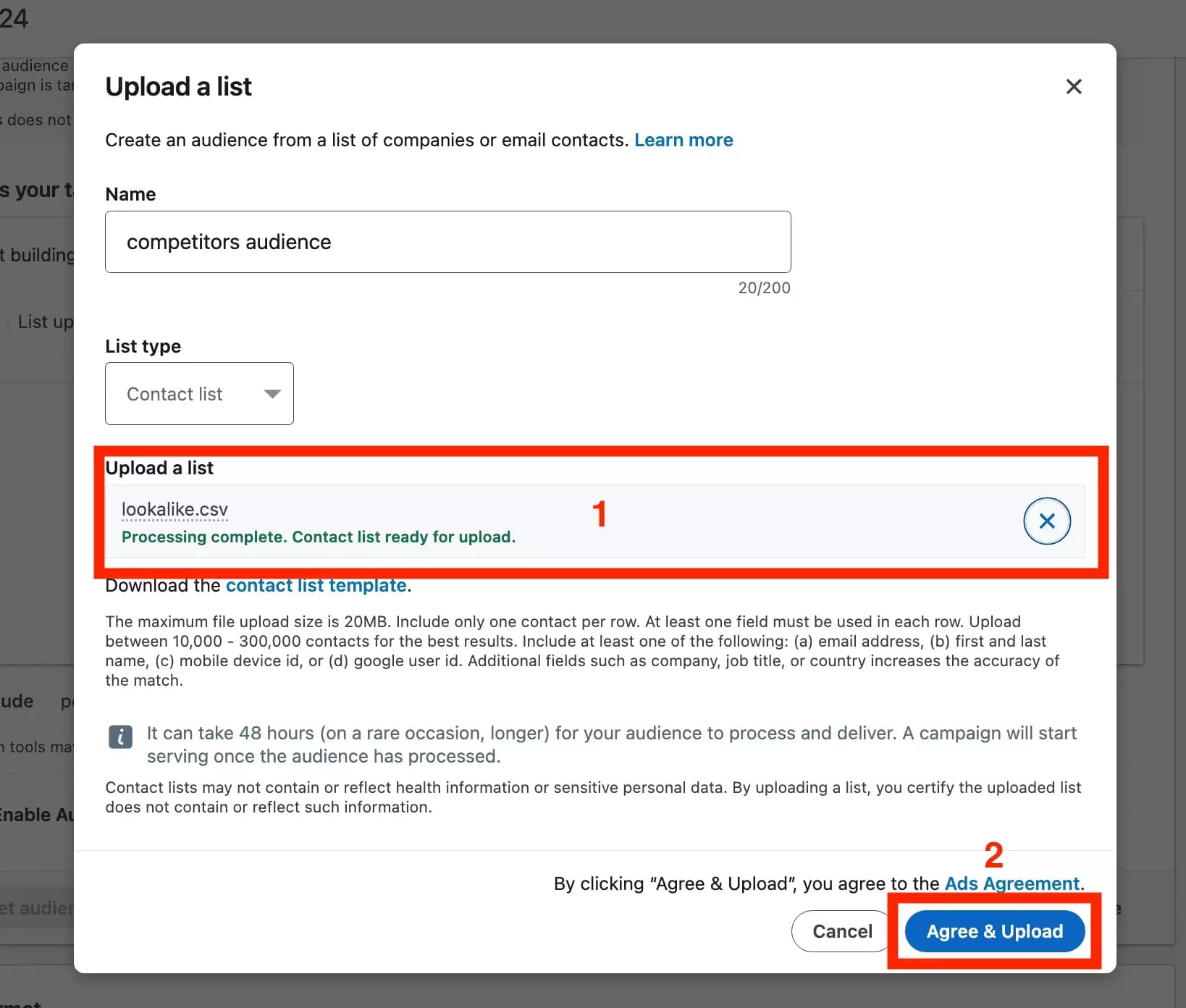 linkedin ads upload list and click on agree and upload - image32.png